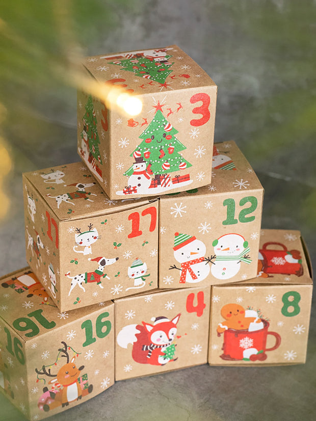 24pcs/set Christmas Gift Boxes, Advent Calendar Style With Numbers & Patterns Design Kraft Paper Boxes, Xmas Party Decor Candy Box