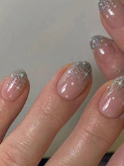 Upgrade Your Look With 24pcs Short Oval Glitter Full Cover Fake Nail Set