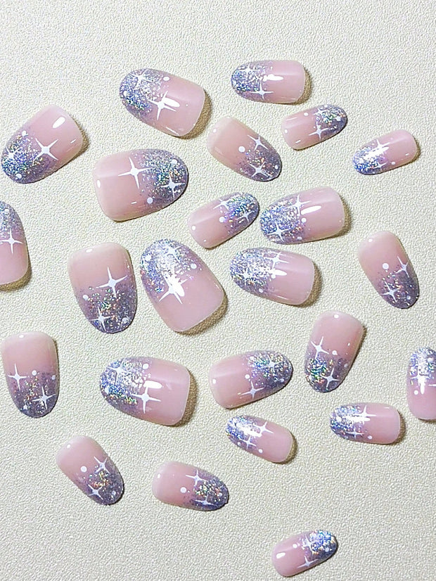 Upgrade Your Look With 24pcs Short Oval Glitter Full Cover Fake Nail Set