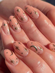 Upgrade Your Look With 24pcs Short Almond Star Pattern Full Cover Fake Nail Kit