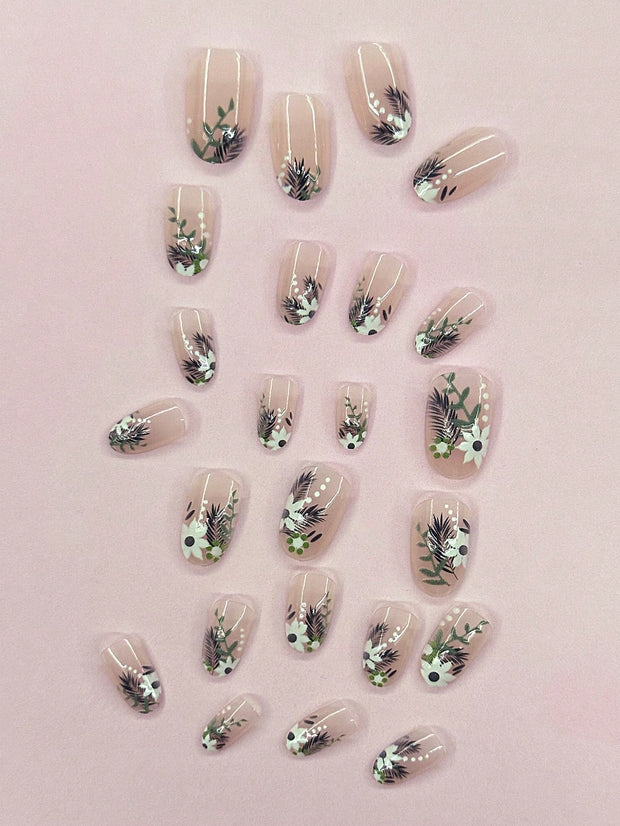 Upgrade Your Look With 24pcs Short Almond Leaf Print Full Cover Fake Nail Kit
