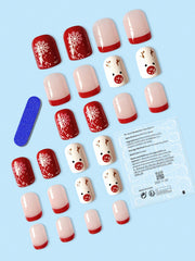 Christmas Upgrade Your Look With 24pcs Short Square Cartoon Elk Pattern Full Cover Fake Nail Kit