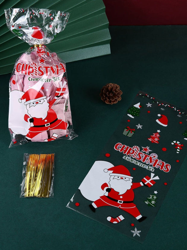 50pcs Christmas Gift Bags & 1pack Ribbon, Halloween Candy bags