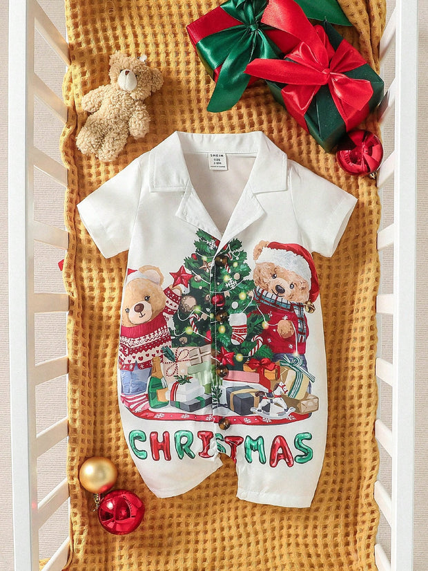 Baby Boy Christmas Print Lapel Neck Shirt Romper