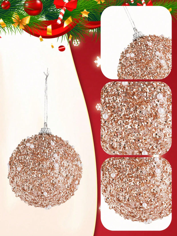 2pcs Christmas Tree Ornament, 3.35 Inches (8cm) Rose Gold Glittery Pearl Christmas Ball Decoration For Christmas Tree, Wedding Party, Festive Wreath Decoration With Hanging Rope, Shatterproof Christmas Tree Decoration