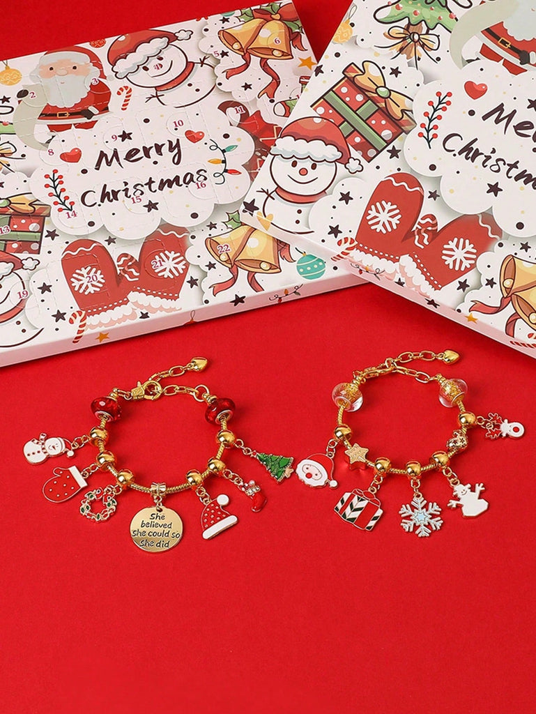 1 Set Fashionable 24 Days Calendar Countdown Christmas Surprise Blind Box  Metal Charm Beads Bracelet DIY Jewelry Making Kit